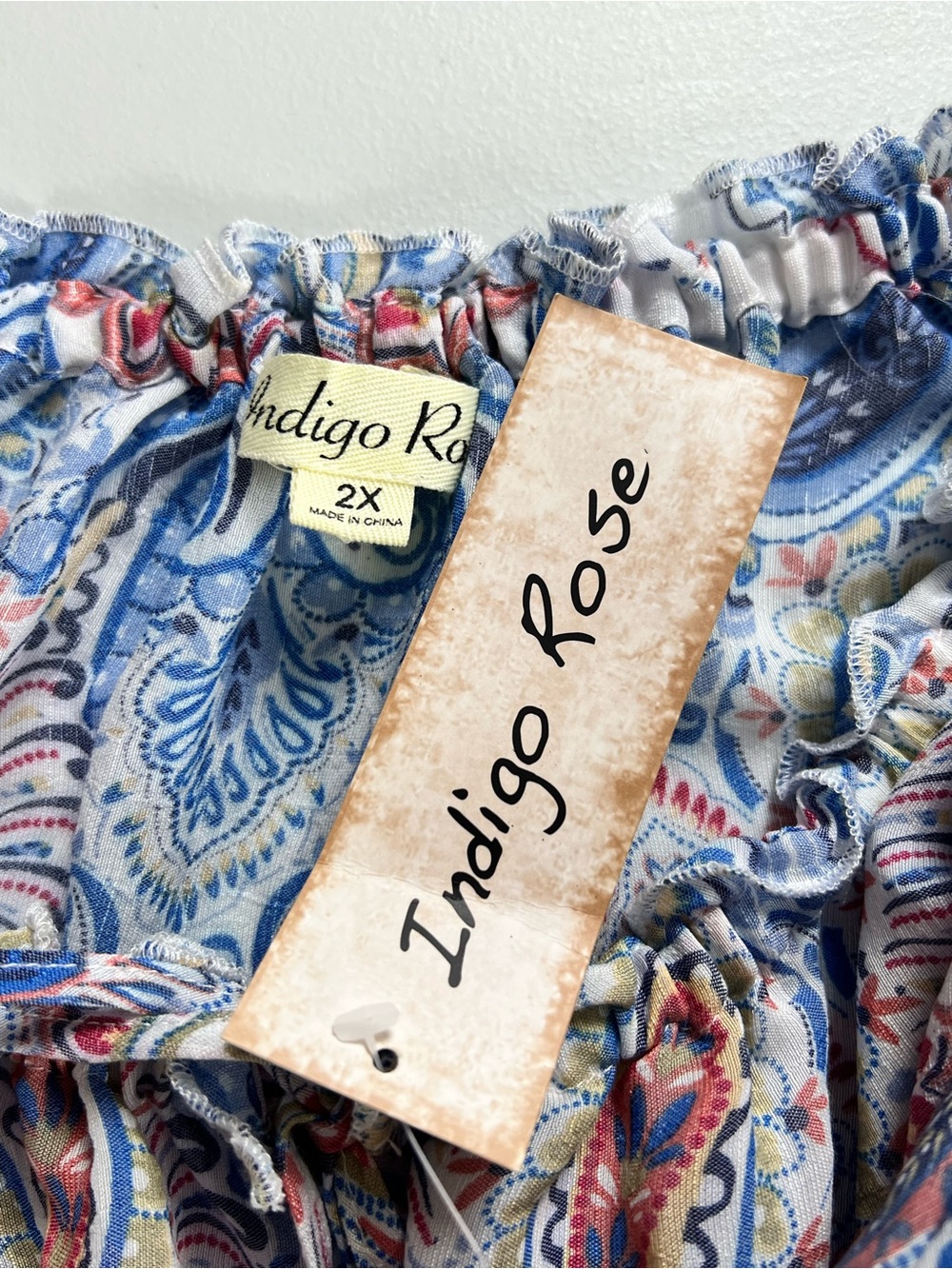 NWT Indigo Rose Flowy Tiered Sleeve Tassel Tie Pheasant Top 2X - Picture 6 of 8